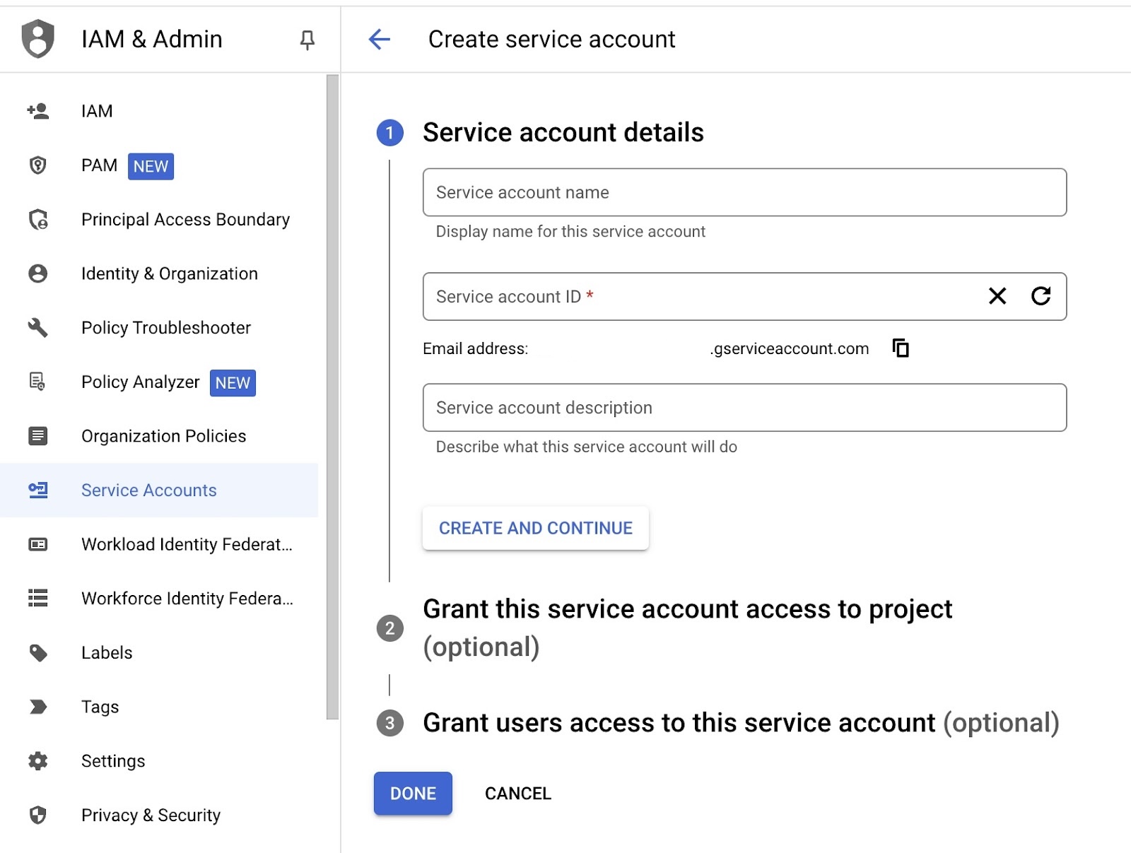 Adding a Service Account on Google Cloud